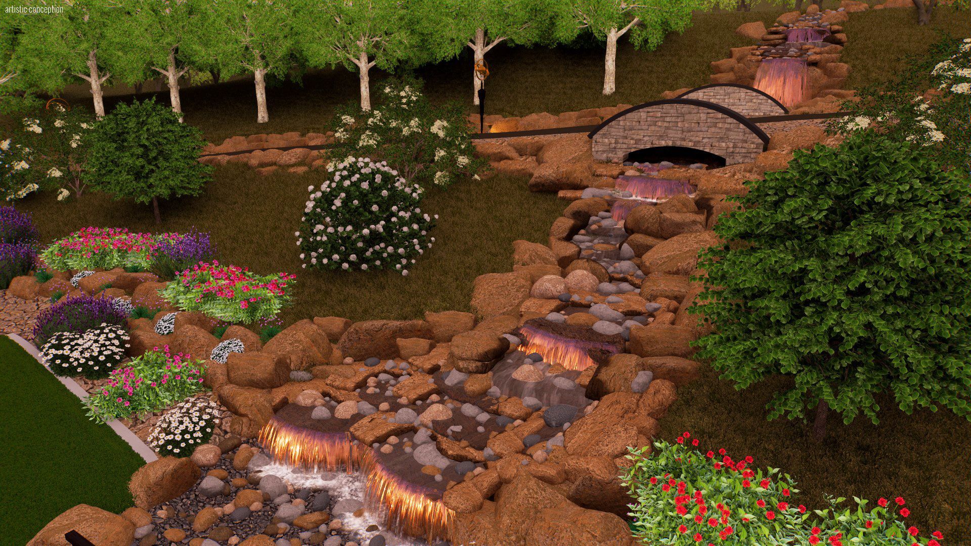 A landscaped garden with a flowing waterfall, stone bridge, and vibrant flowers and trees.