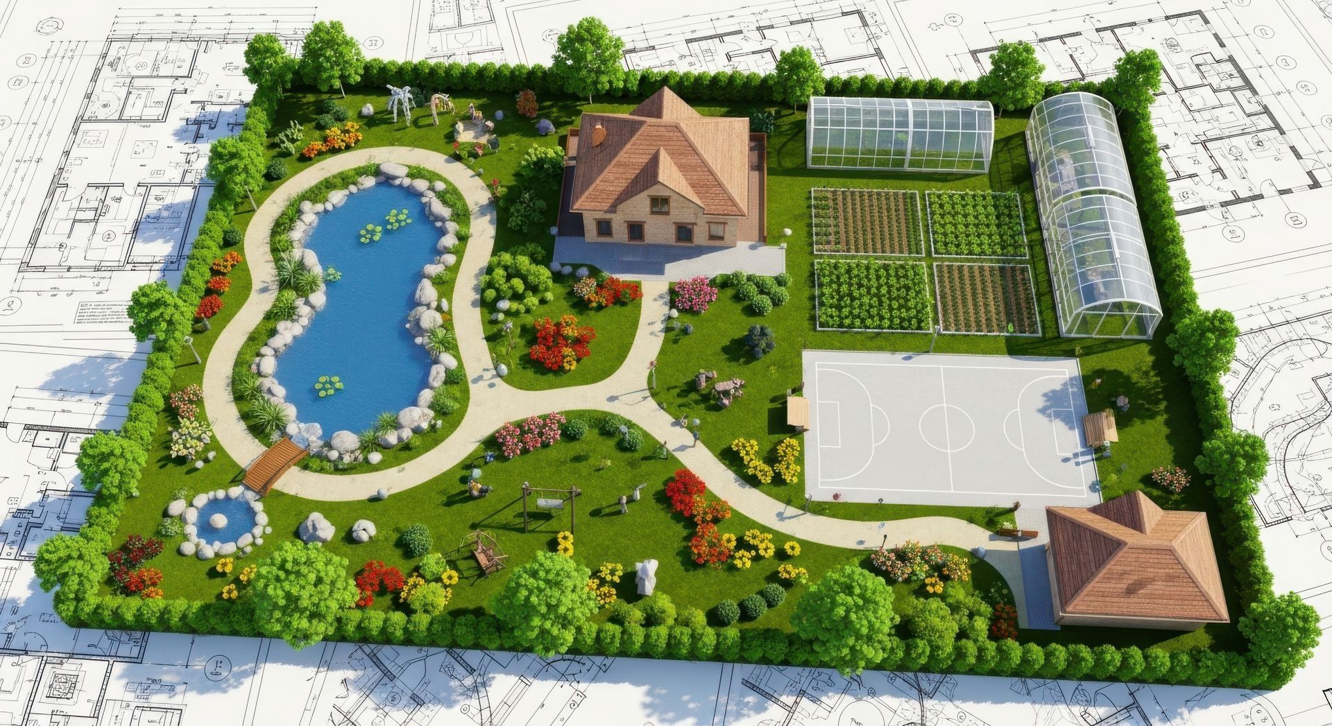 Aerial view of a landscaped backyard with a house, pond, gardens, greenhouses, and a small outbuilding.