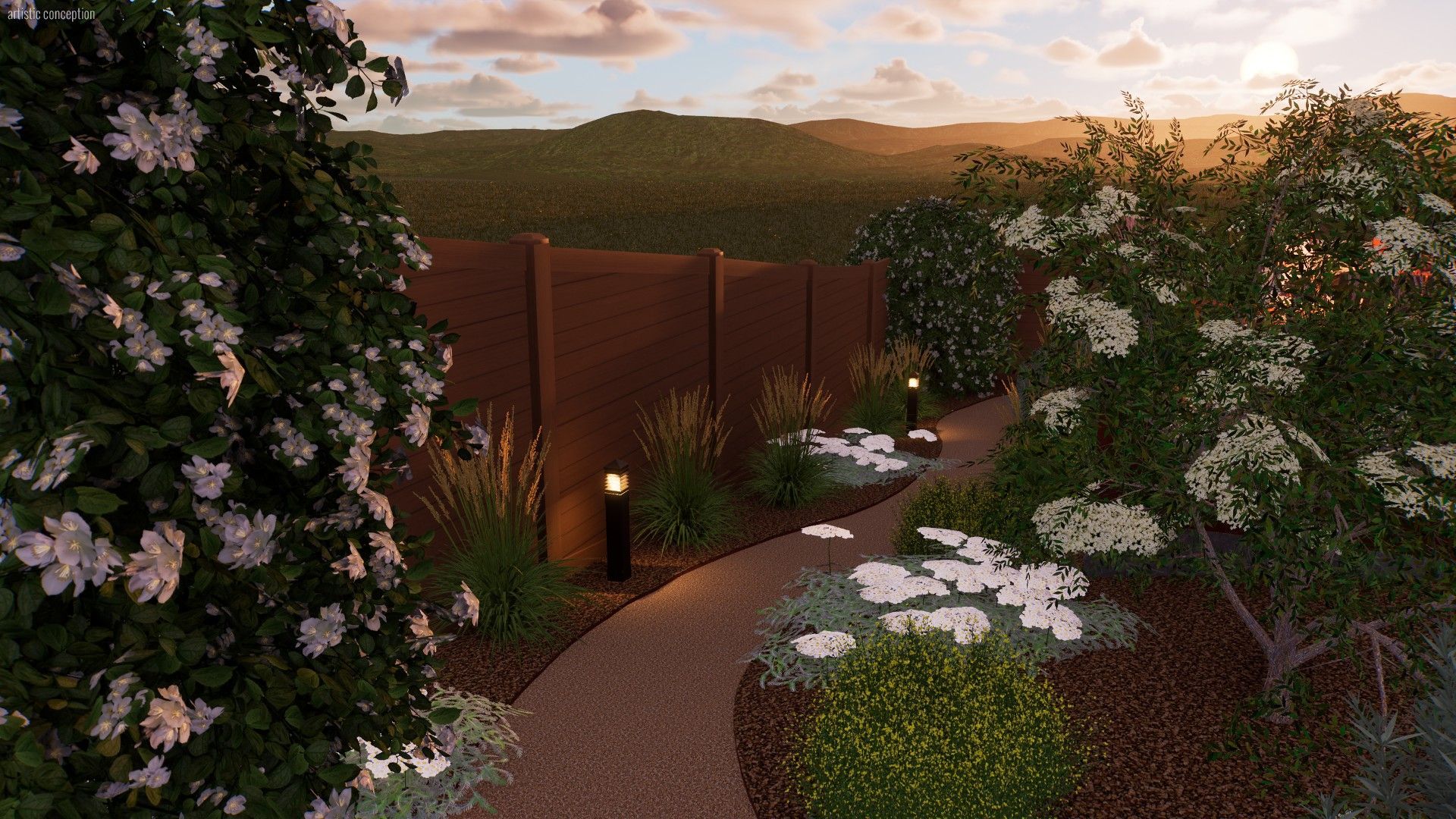 A path in a garden surrounded by plants and flowers.