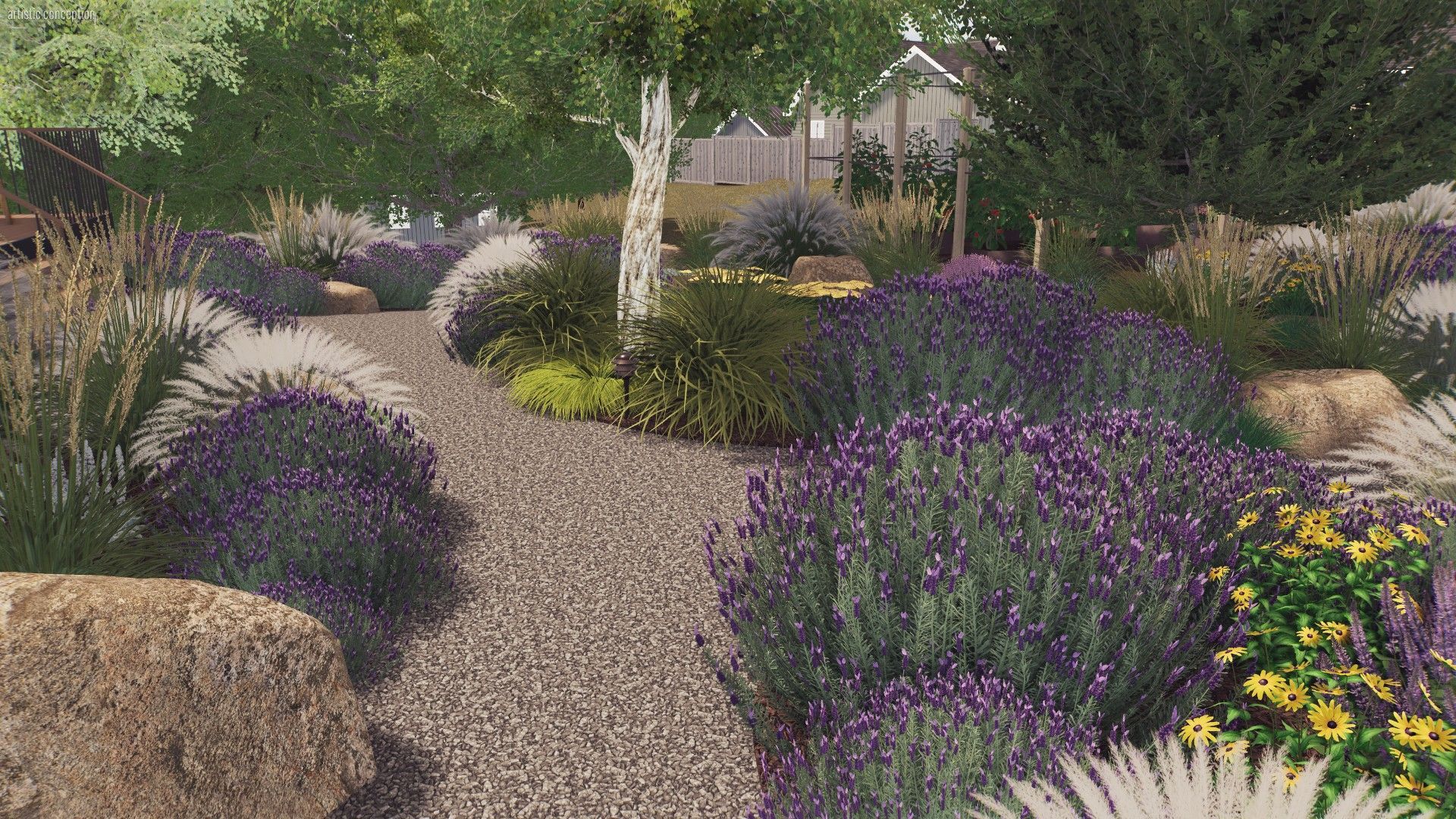 A gravel path winds through a garden of lavender, grasses, and yellow flowers, with a tree and small structure in the background.