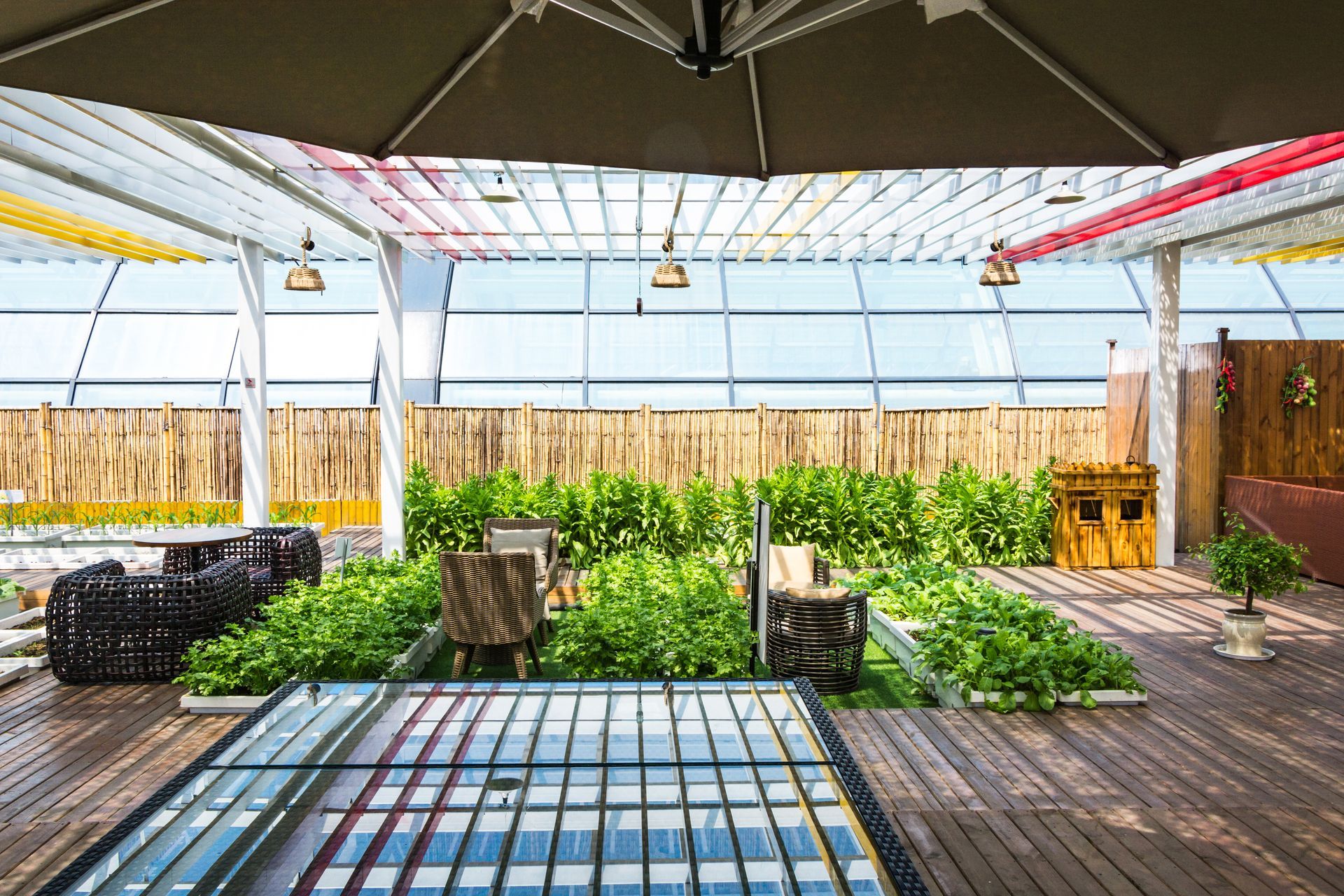 Rooftop garden with plants, wooden deck, bamboo fence, and umbrella shading.
