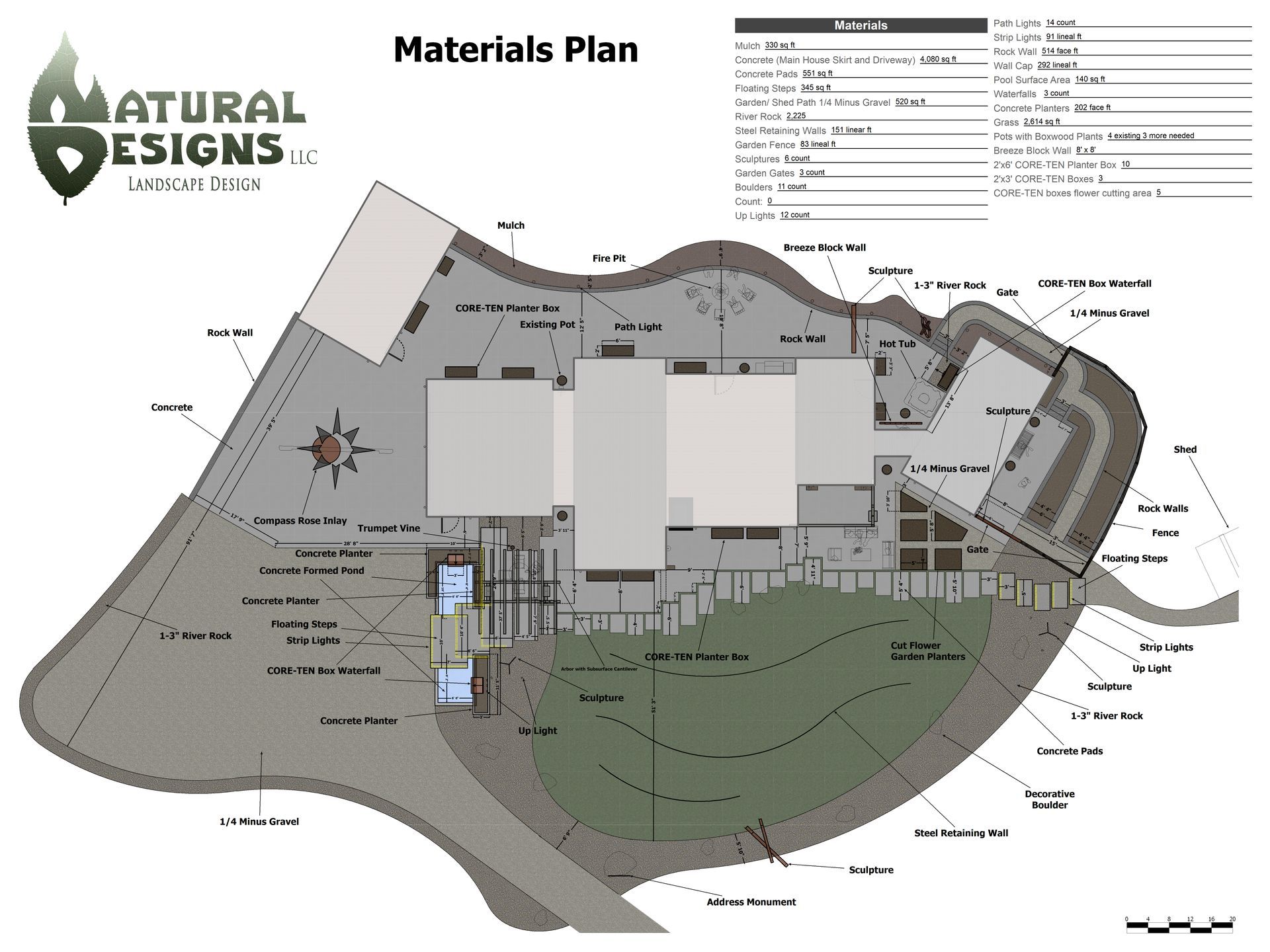 Materials plan for a landscape design, showing a house, patio, driveway, and garden features.