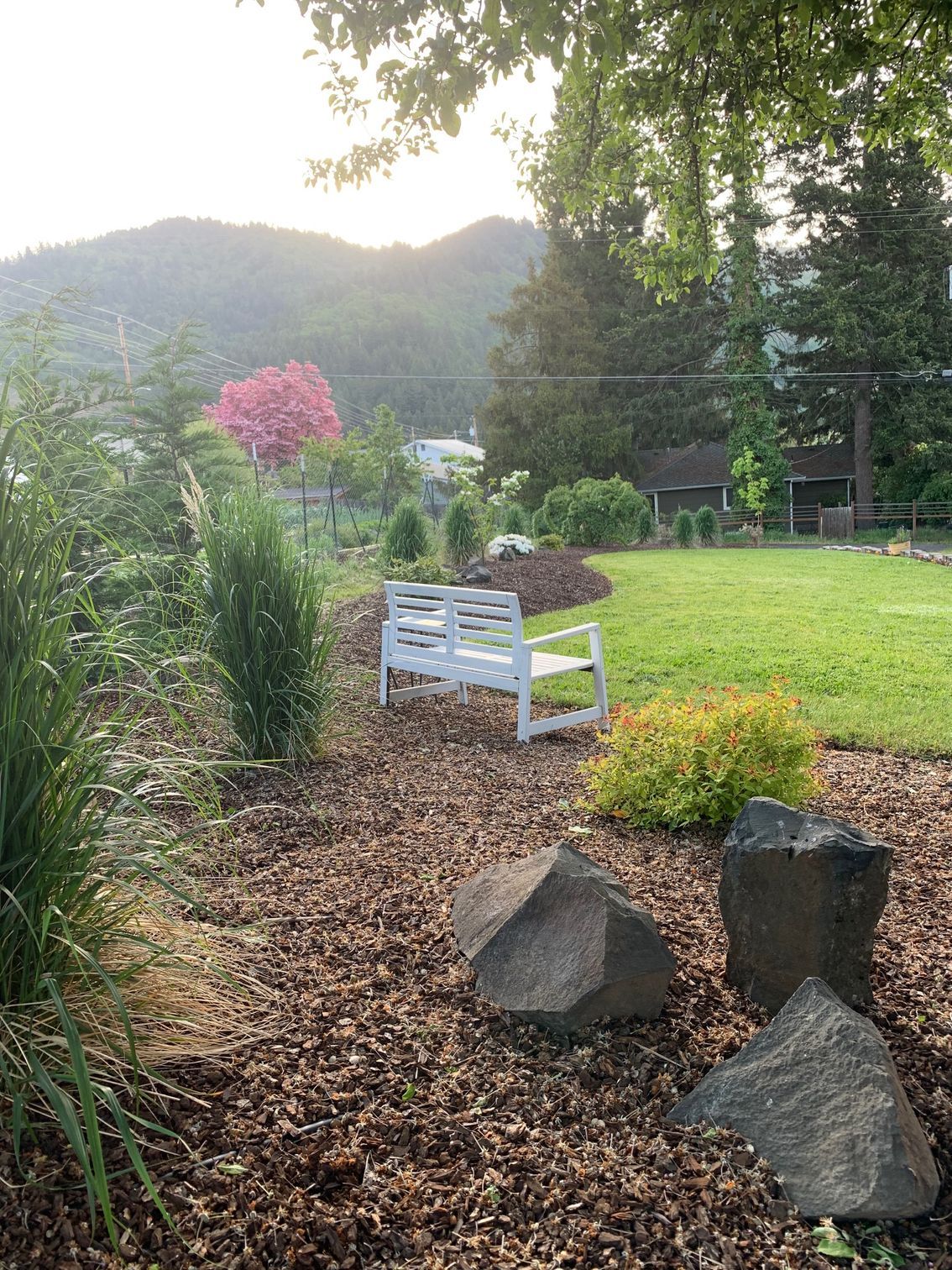 White bench on a mulch path in a garden with a mountain backdrop.