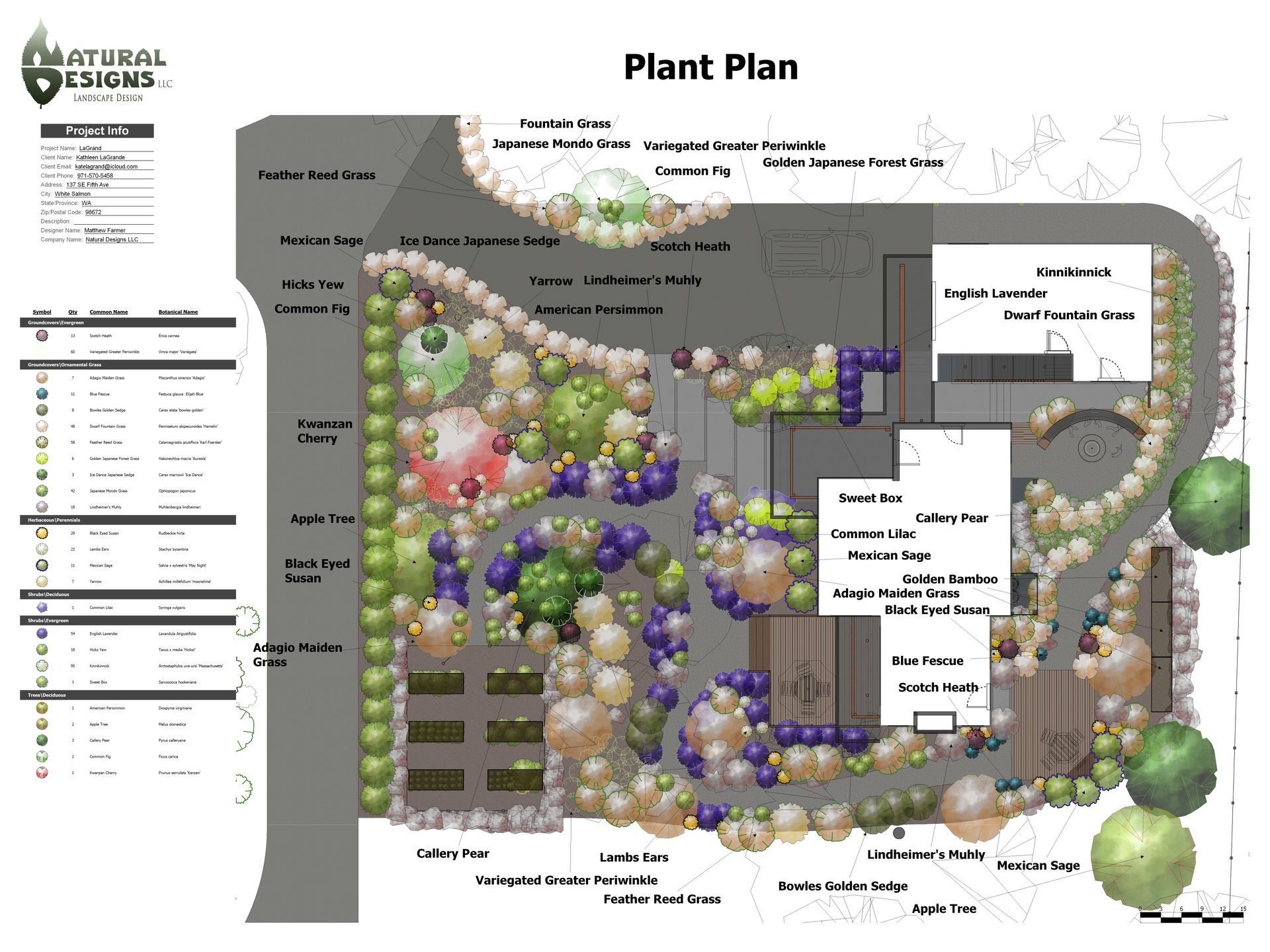 Plant plan of a garden with labeled plant species, walkways, and parking areas.