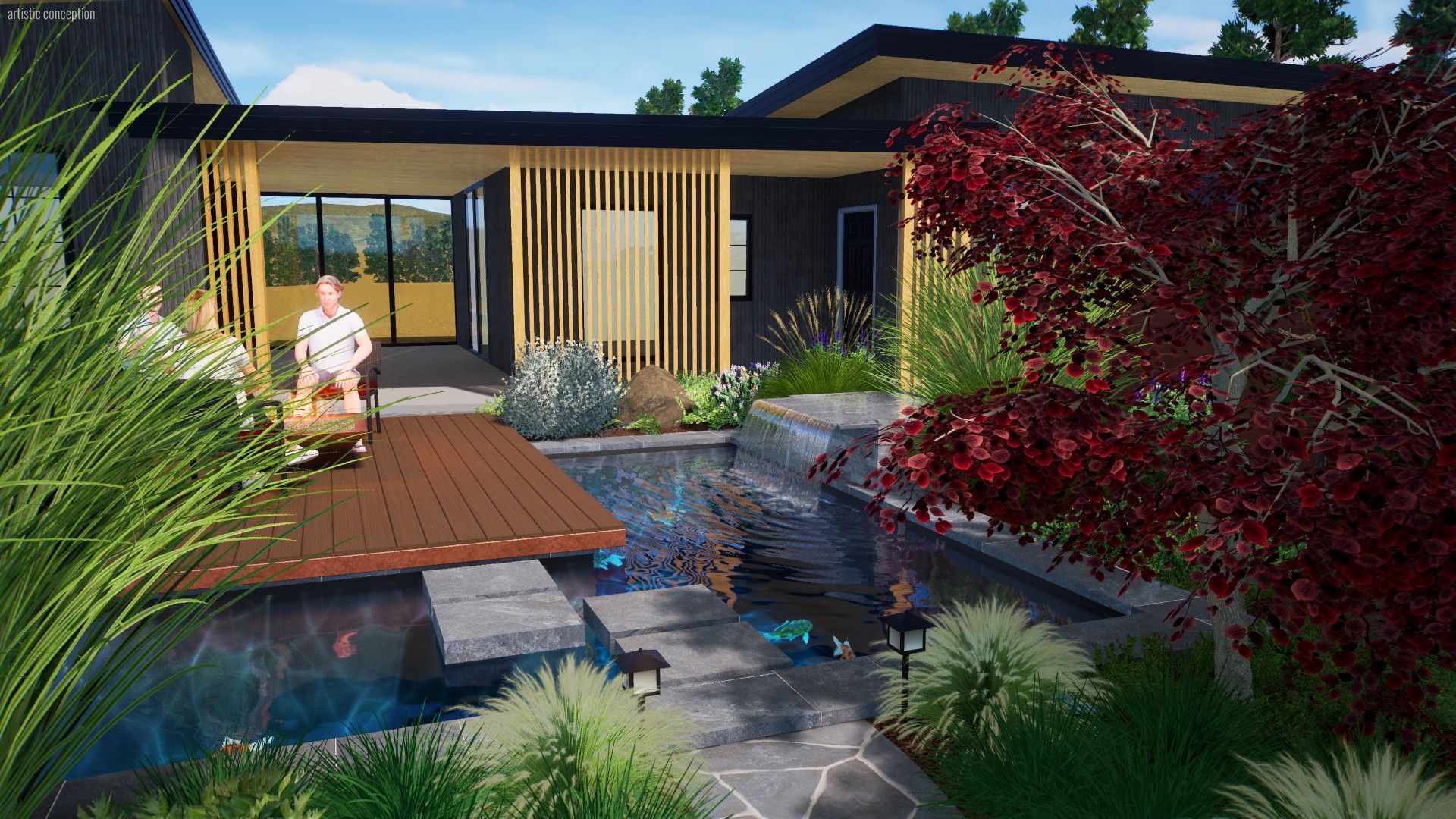 A person sits on a wooden platform, looking at a koi pond. Modern house with red foliage and greenery.
