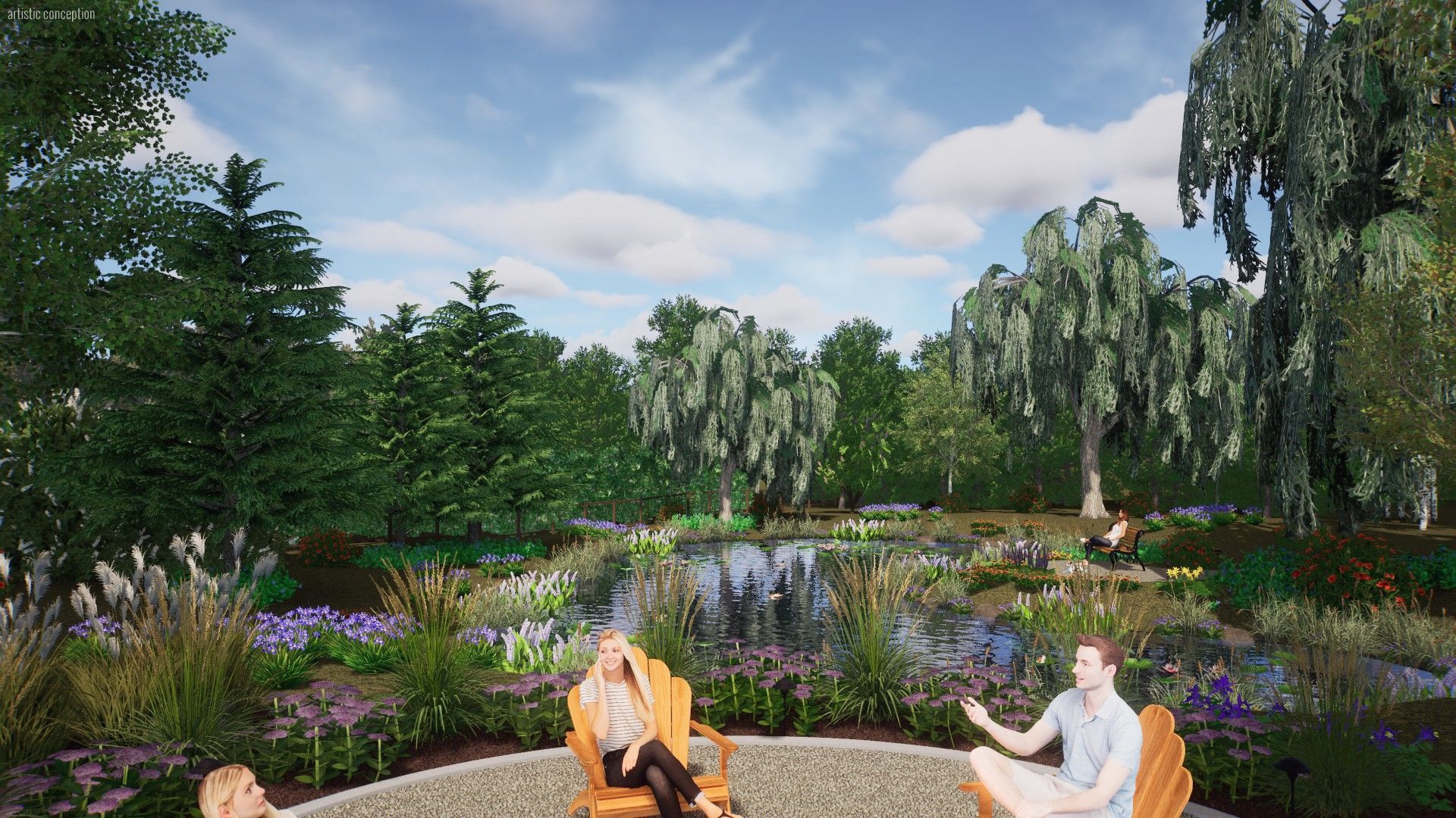 People relaxing by a pond in a lush garden with trees and flowers under a blue sky.