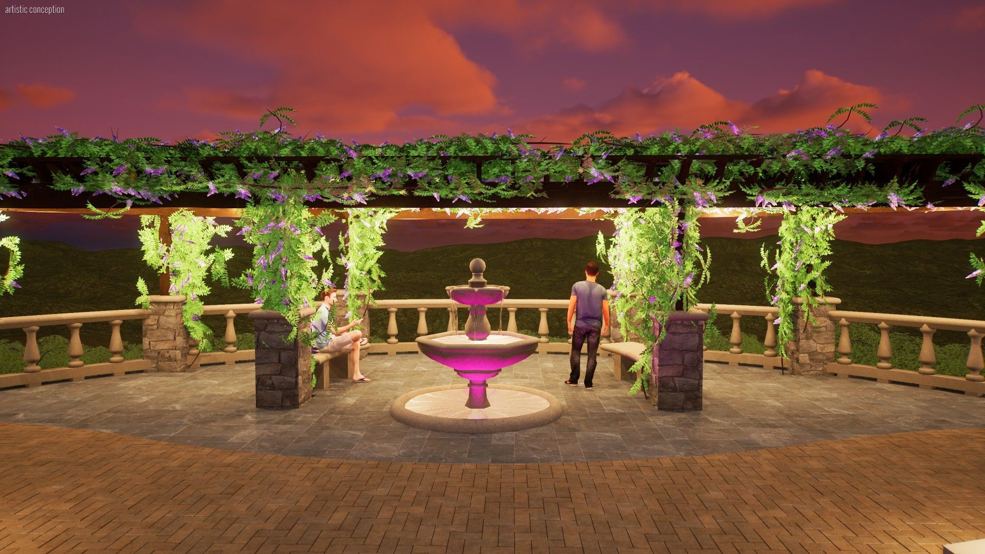 Two people at a fountain under a vine-covered pergola at dusk.