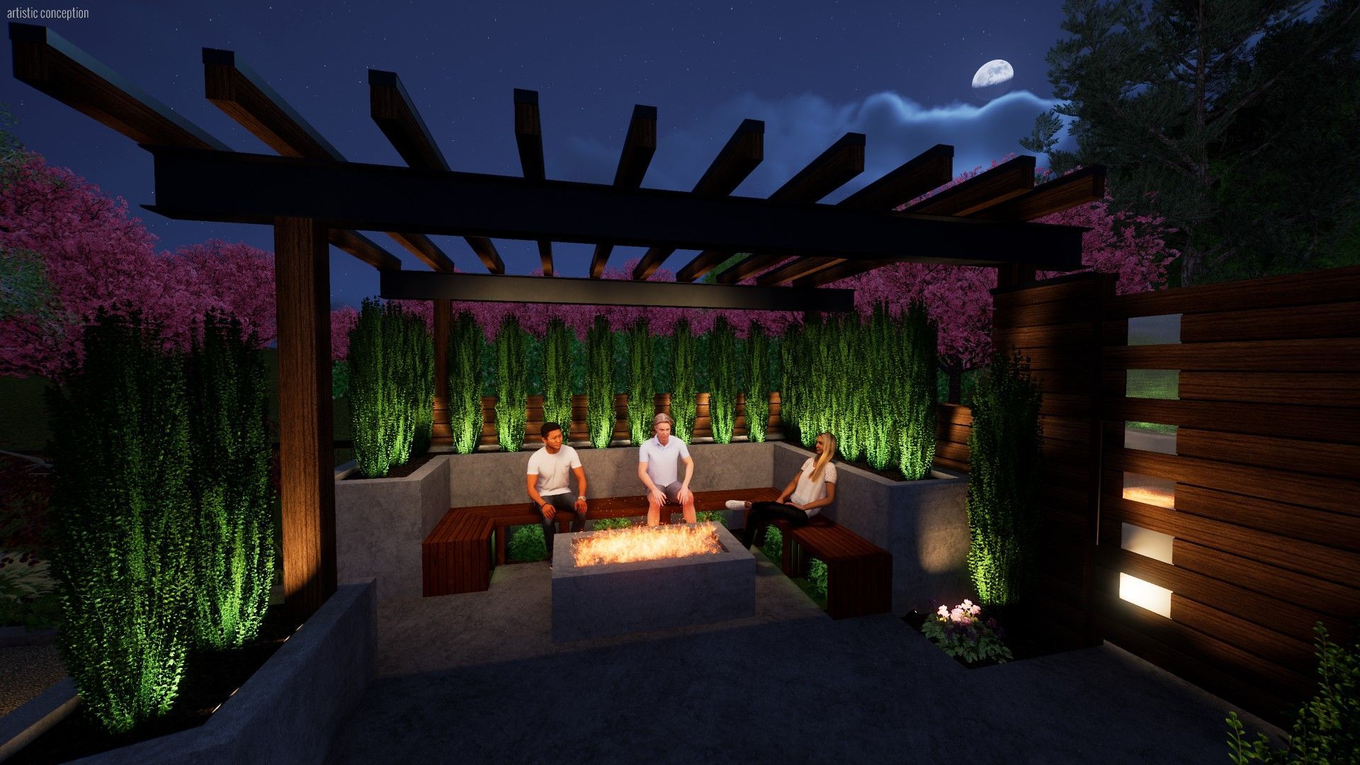 People sitting around a fire pit under a pergola with green plants, at night.