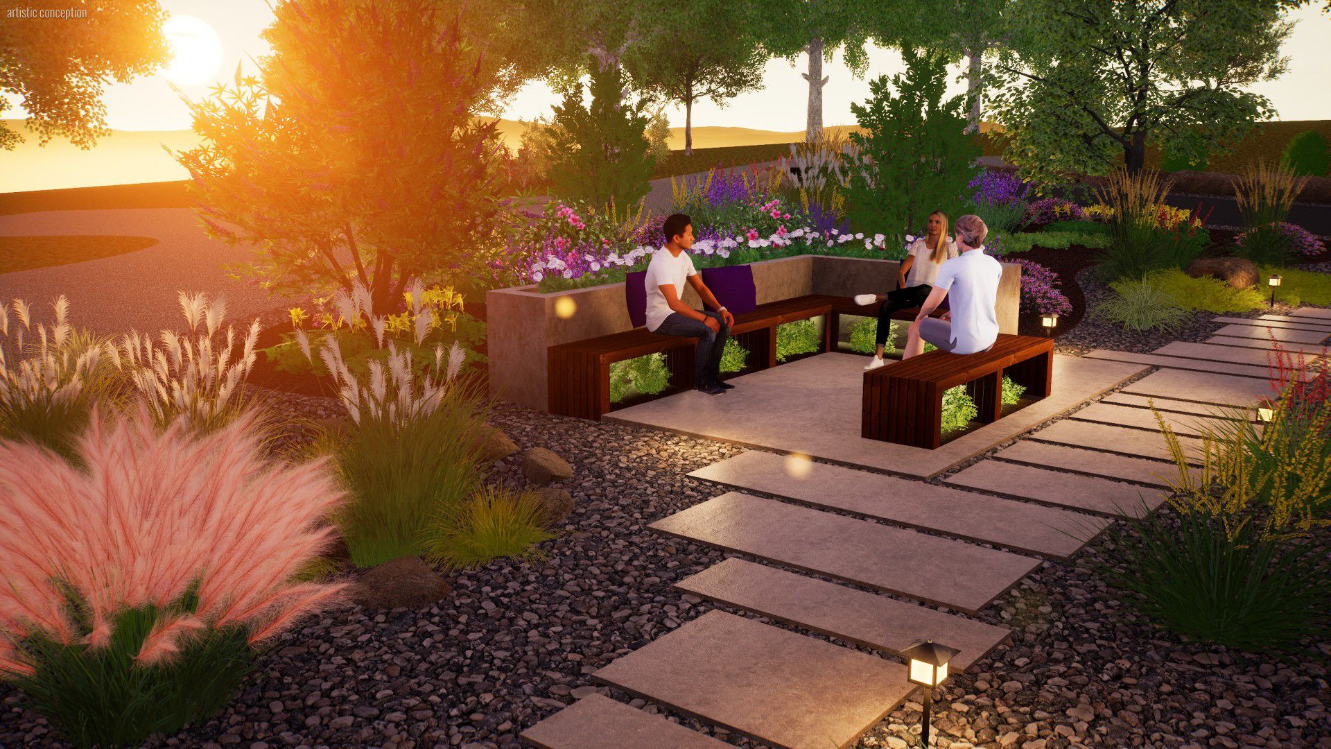 Three people seated on a modern garden bench at sunset.  Stone path, decorative plants.