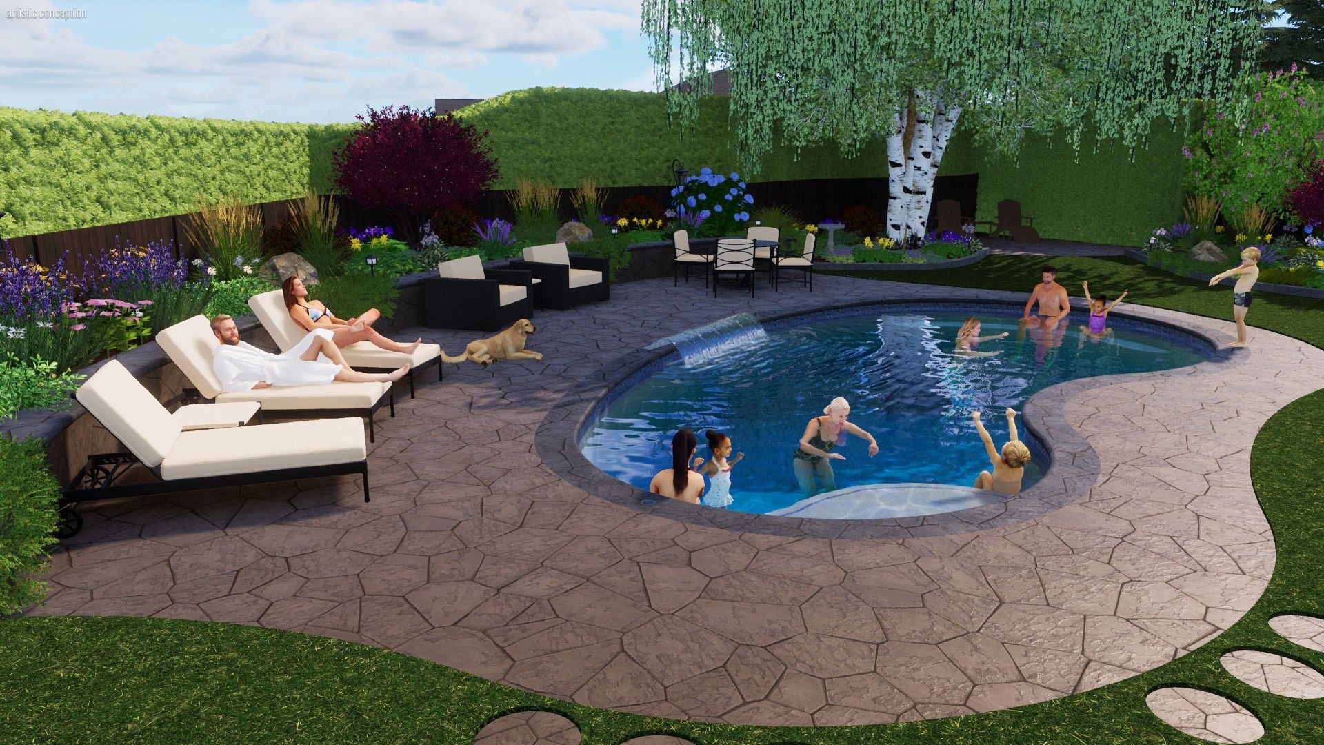 People in a pool, sunbathing, and relaxing in a backyard with landscaping, and furniture.