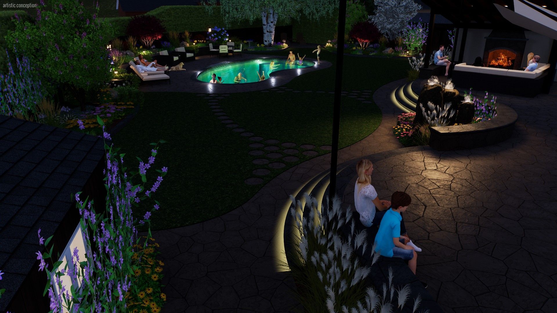 Nighttime outdoor scene with pool, seating, and fireplace. People relax in the glow of lights.