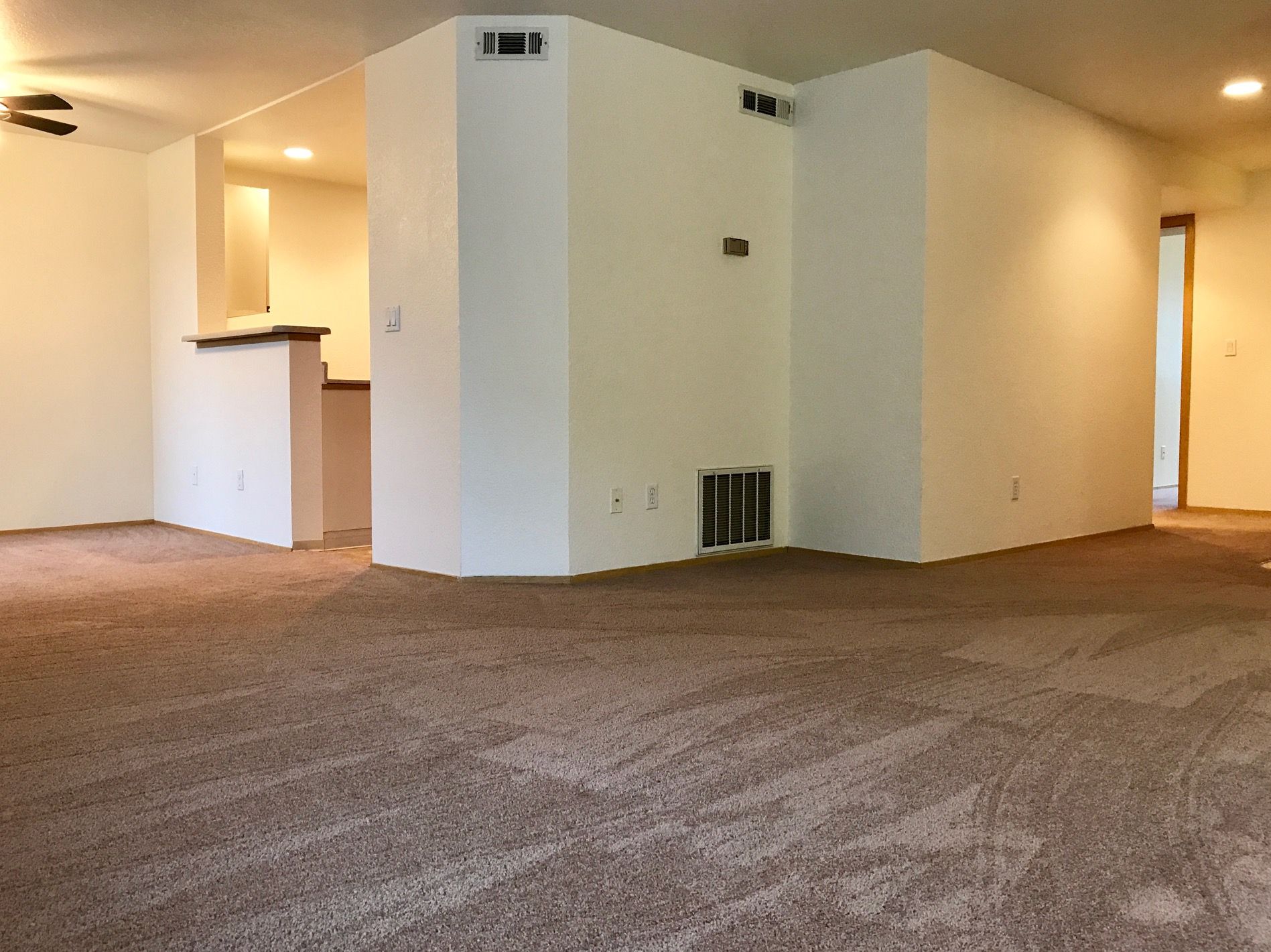 An empty living room with a brown carpet and white walls.