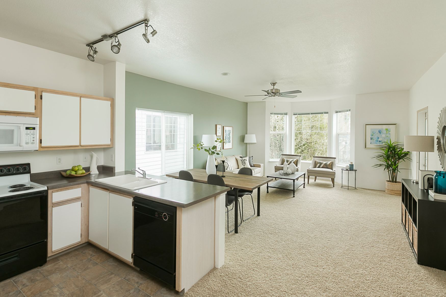 The kitchen is open to the living room and dining room.