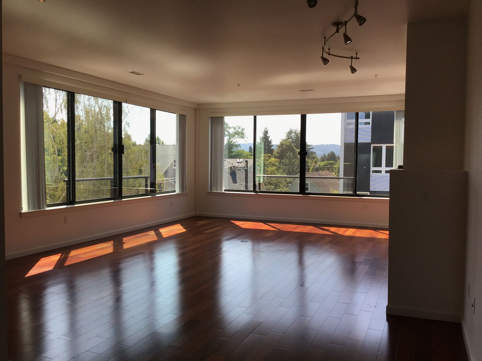 An empty living room with hardwood floors and lots of windows