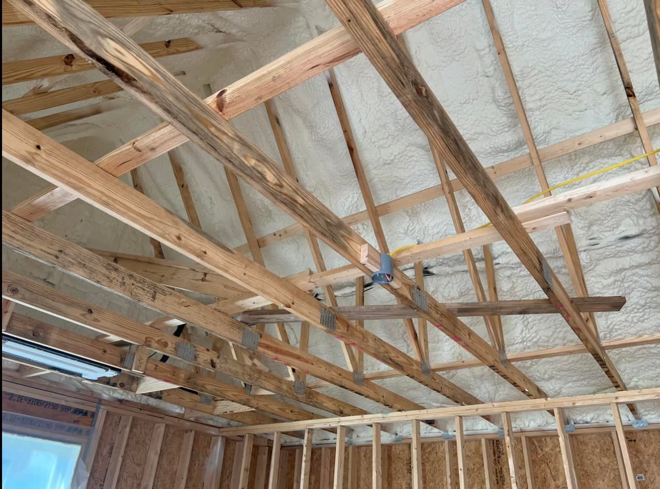Interior view of a building under construction. Wooden rafters and studs with spray foam insulation on the roof.