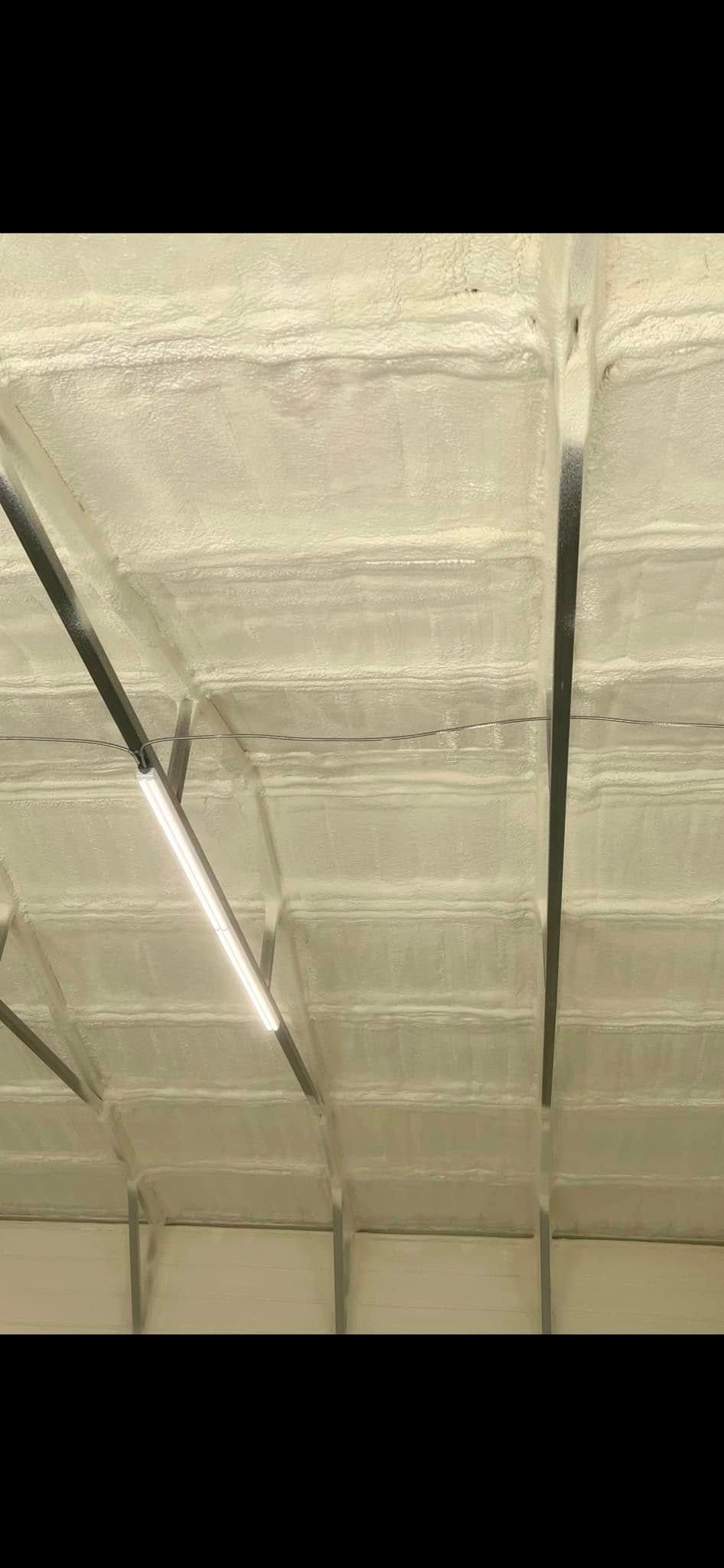 Ceiling with rectangular panels and a bright fluorescent light.