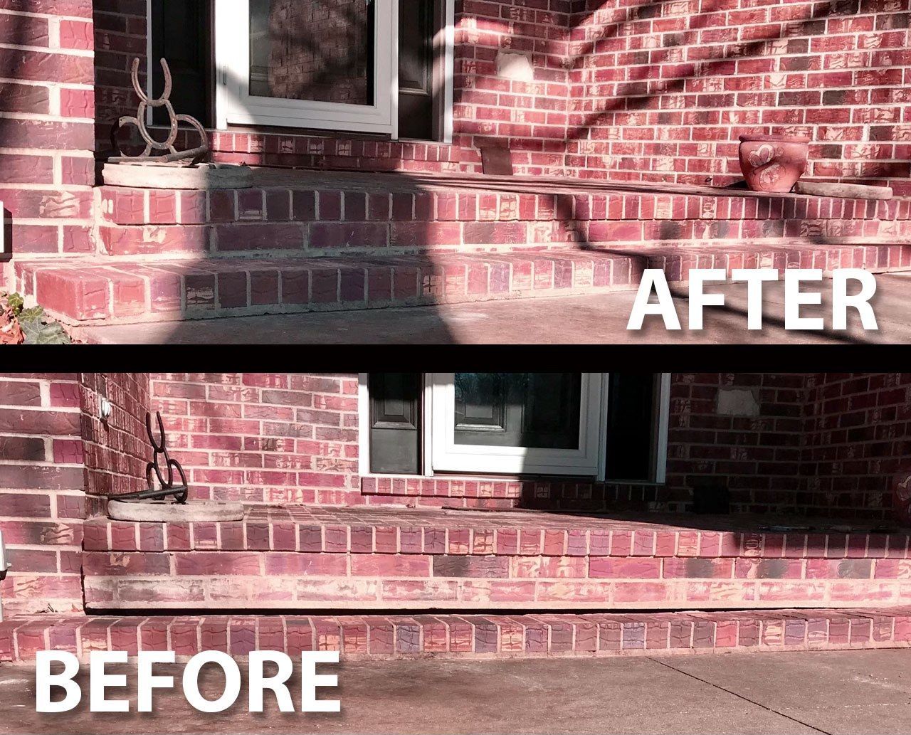 Comparison of a brick porch before and after repair.