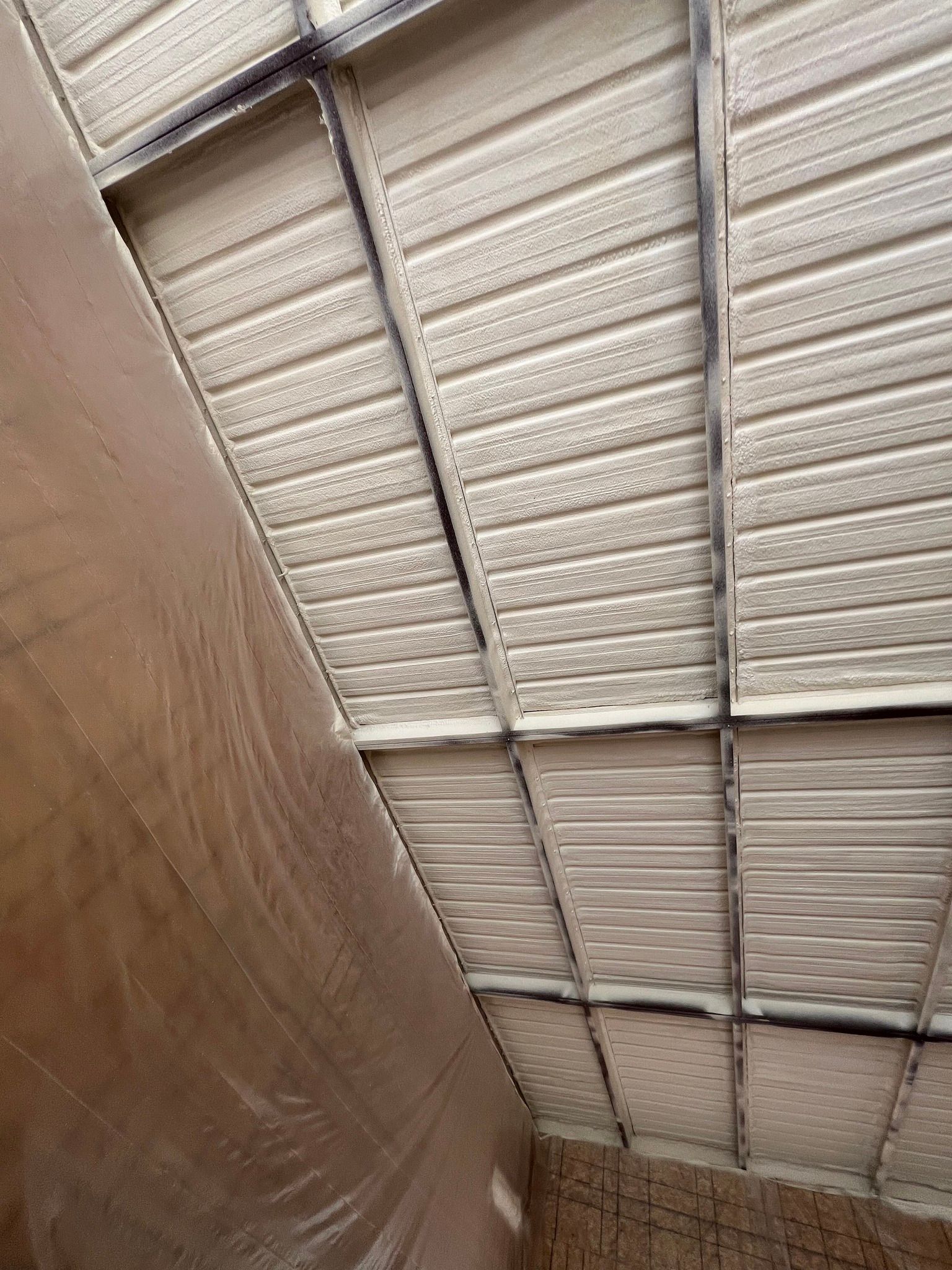 Ceiling with metal framing and textured white panels. Brown wall on left.