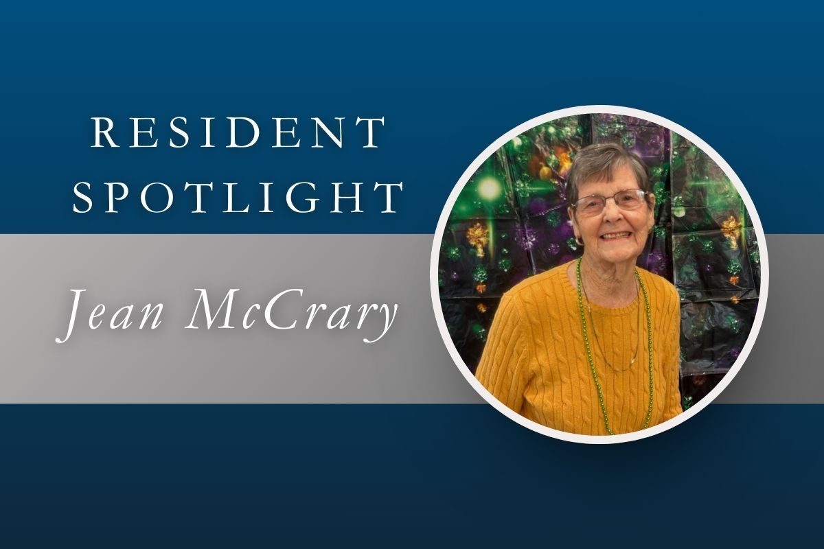 Resident Spotlight for Jean McCrary featuring a smiling woman in a yellow sweater, set against a dark blue background.
