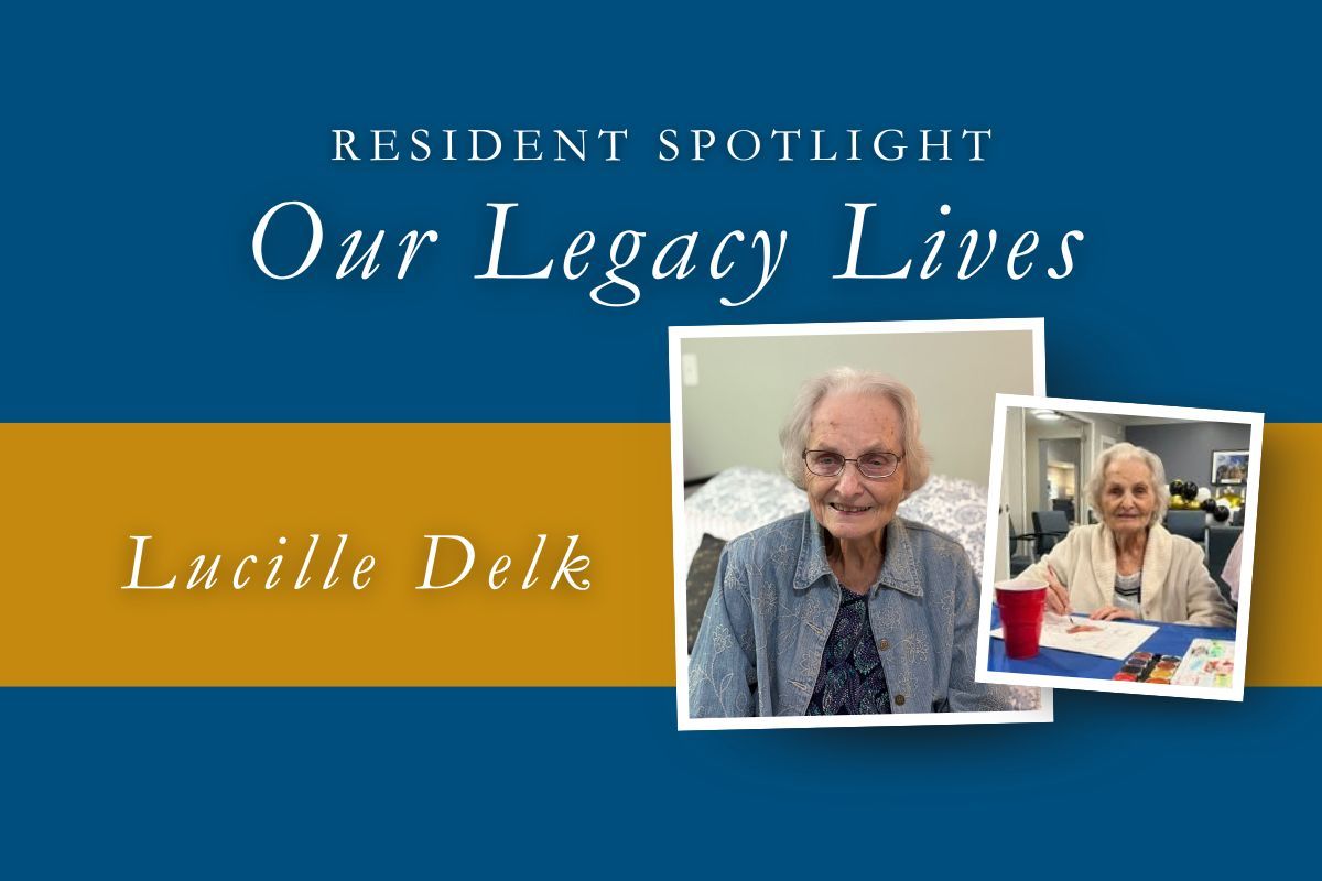 Resident spotlight on Lucille Delk. Two photos of her, text over blue/gold background.