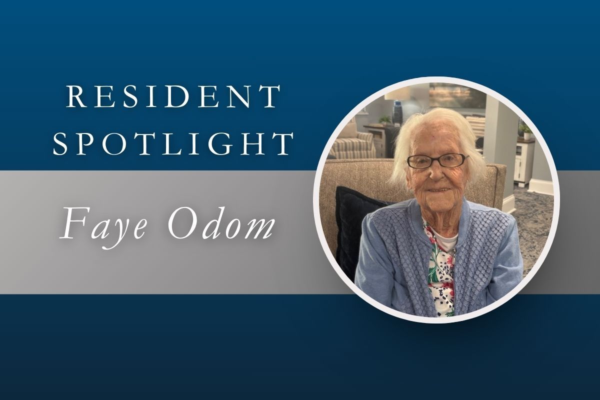 Resident Spotlight: Faye Odom. Elderly woman in glasses, seated. Text overlay on a blue background.