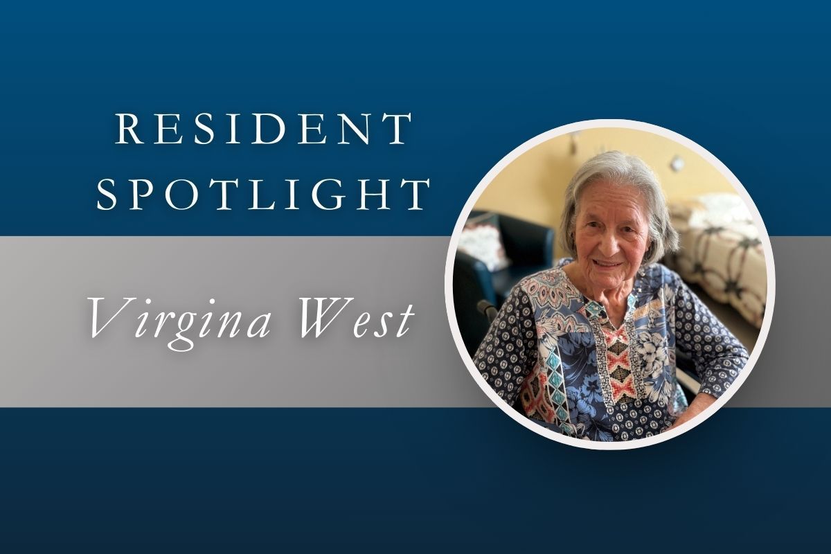 Resident spotlight featuring Virginia West, with photo of smiling woman, in blue and white.