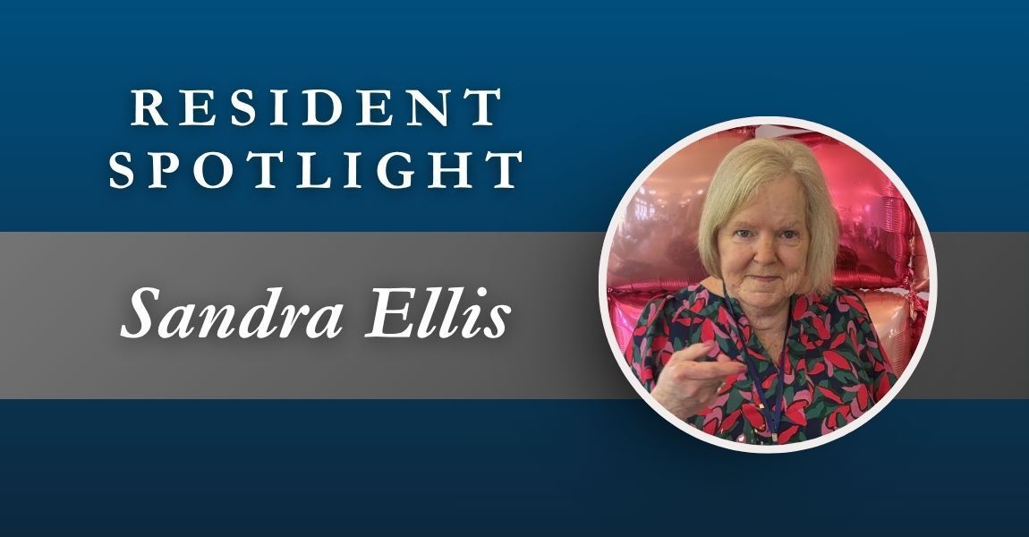 Resident spotlight banner with a portrait of Sandra Ellis on a blue background
