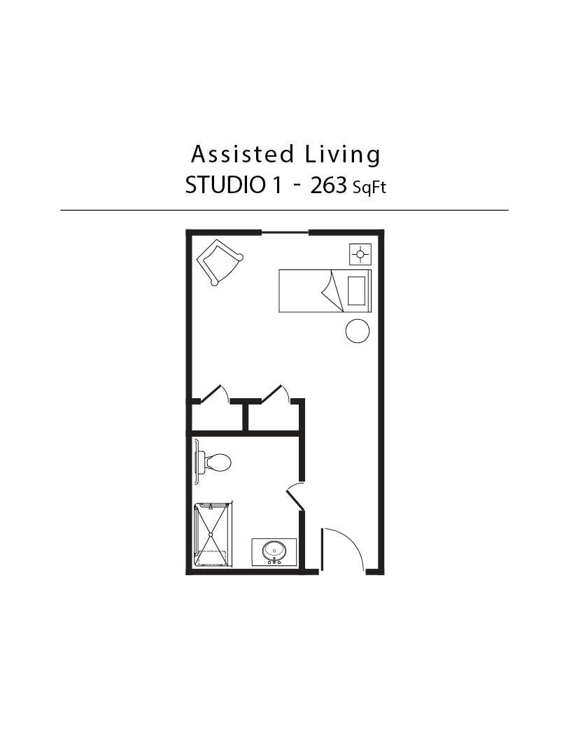 A black and white floor plan of an assisted living studio.
