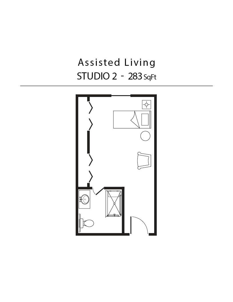 A black and white floor plan of an assisted living studio.