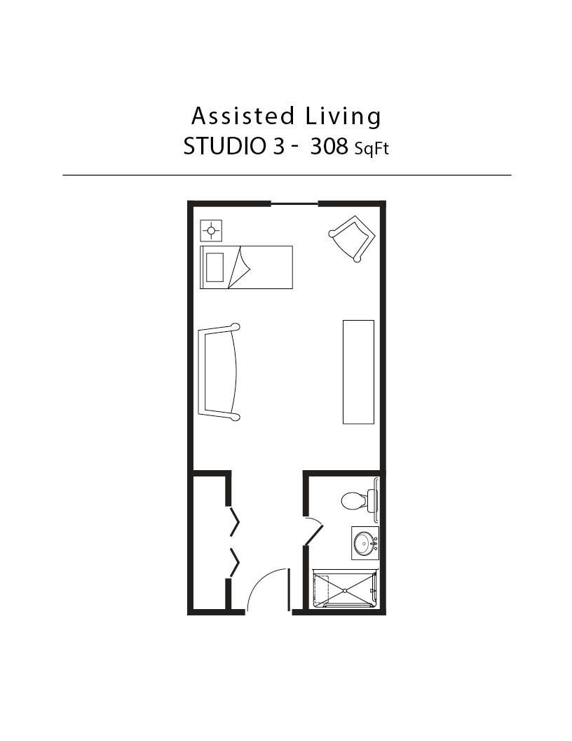 A black and white floor plan of an assisted living studio.
