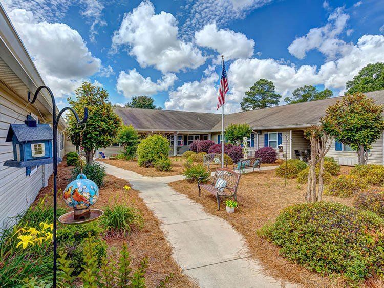 A walkway leading to a house with a birdhouse and an american flag.