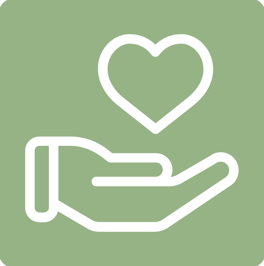 An icon of a hand holding a heart on a green background.
