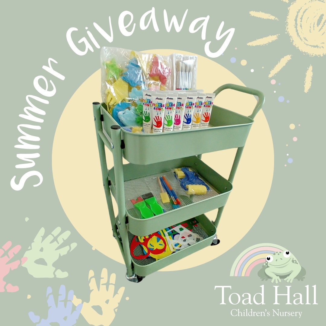 A toad hall children 's nursery giveaway with a green cart filled with toys.