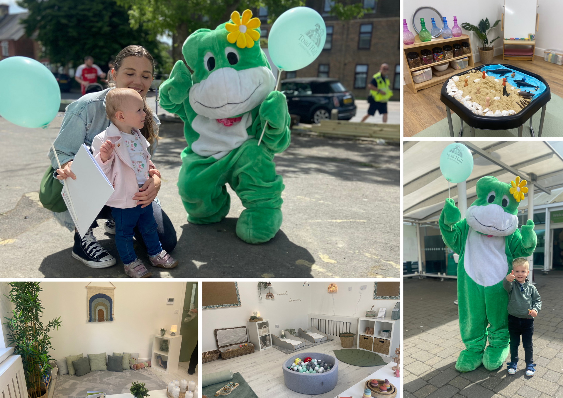 A collage of photos of a woman holding a baby and a frog mascot holding balloons.