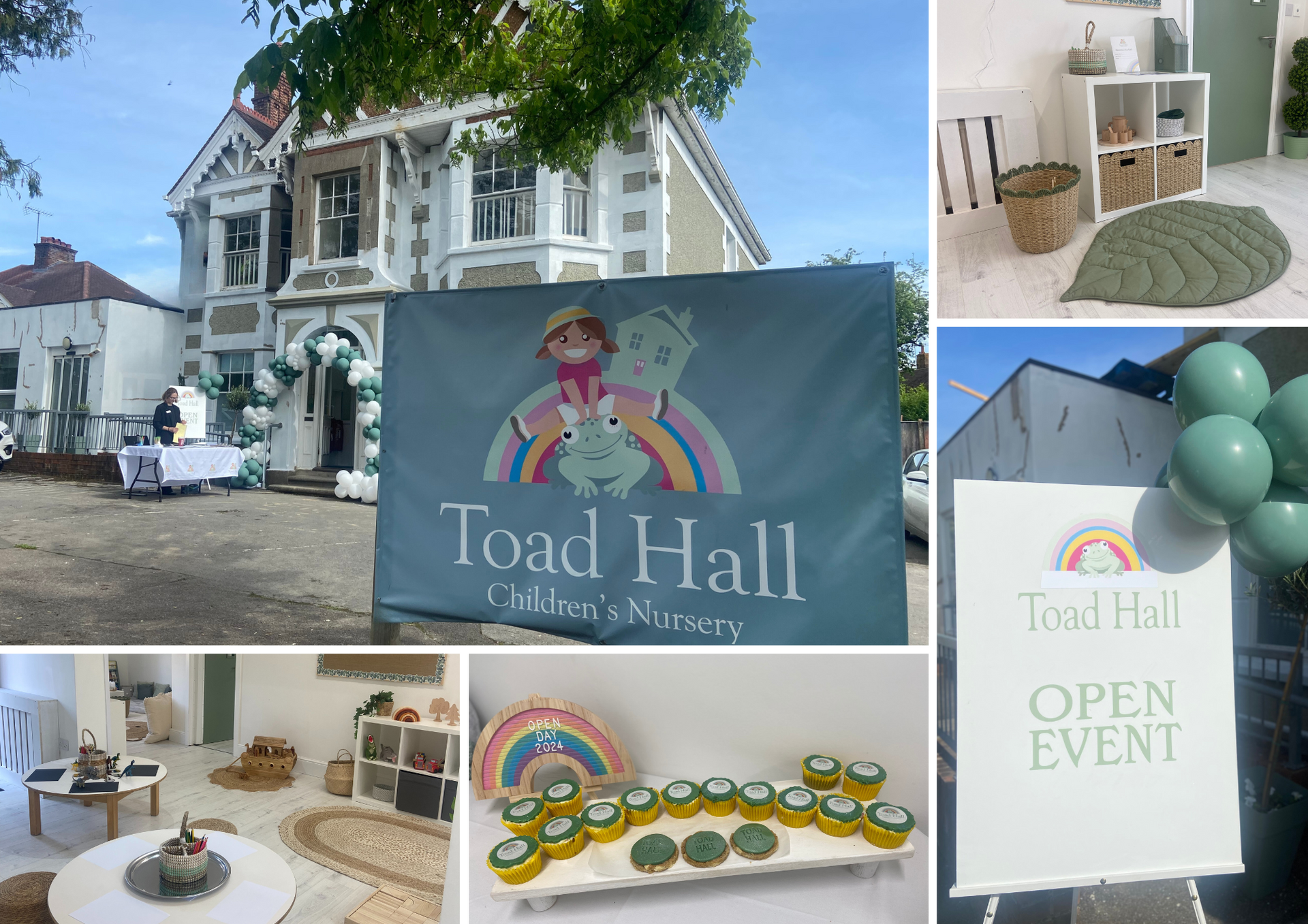 A collage of photos of a toad hall open event