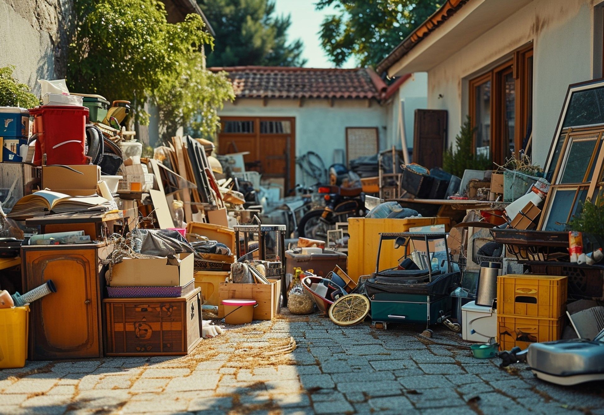 A cluttered yard sale with items for sale including furniture, kitchenware, and tools. Sunlight highlights the display.
