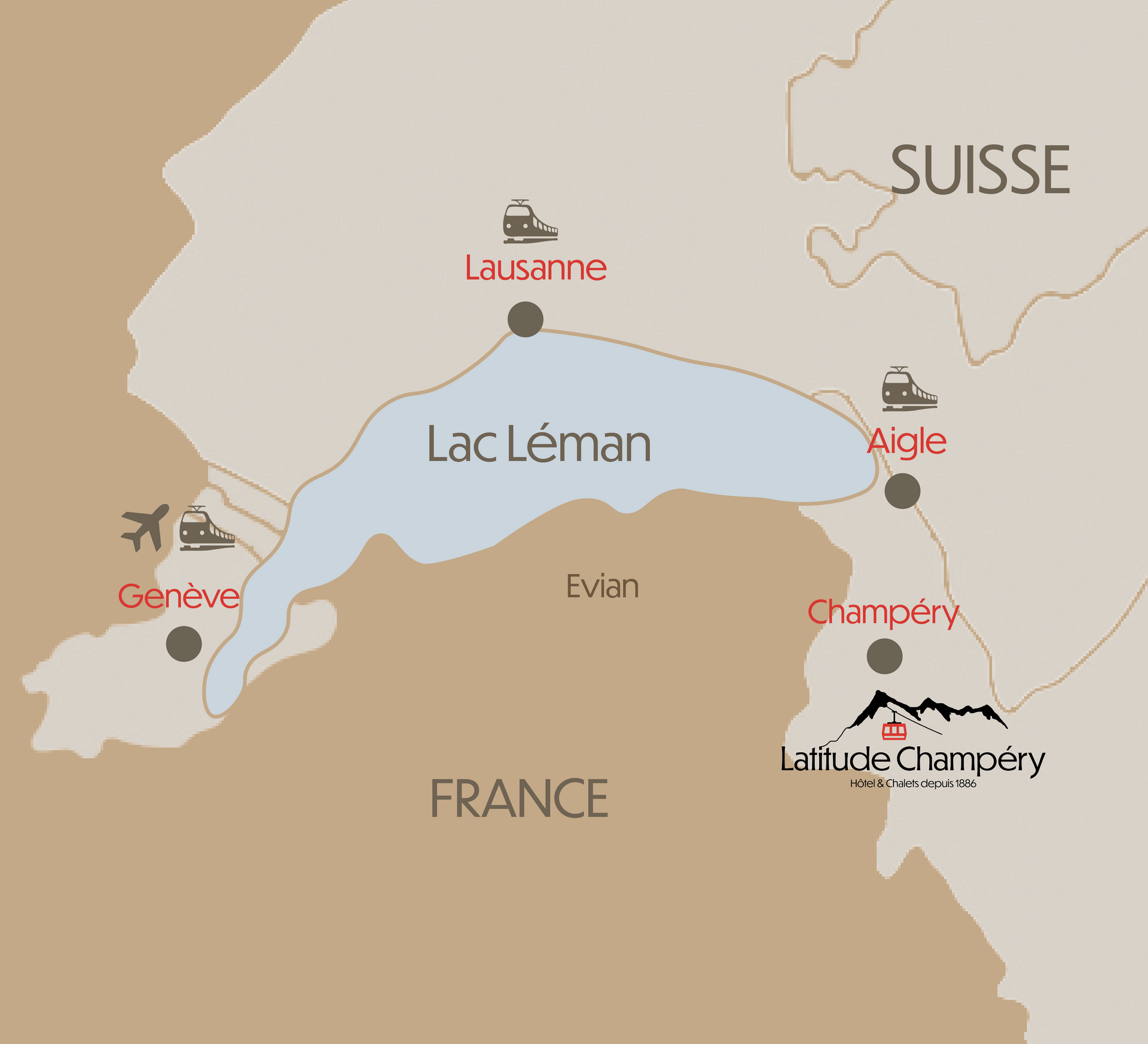 Map showing the location of Champéry, Switzerland, relative to Lac Léman, Geneva, Lausanne, and Aigle.