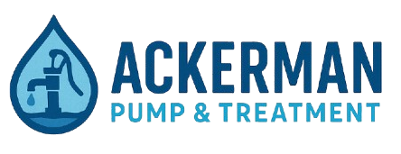 The logo for ackerman pump and treatment shows a water drop and a faucet.