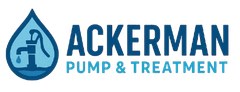 The logo for ackerman pump and treatment shows a water drop and a faucet.
