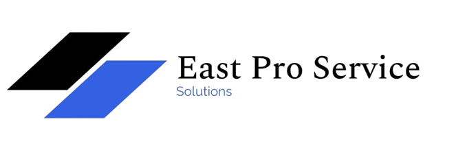 A blue and black logo for East Pro Service