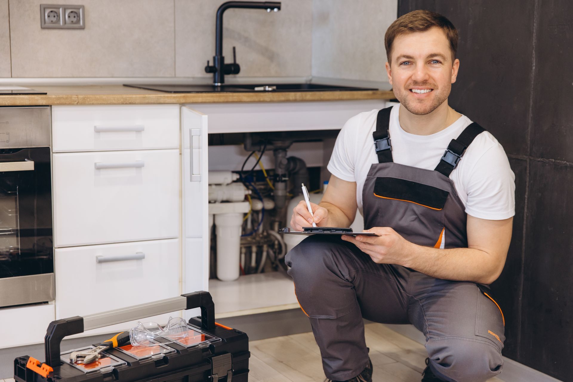 A plumber is kneeling down in a kitchen holding a clipboard.