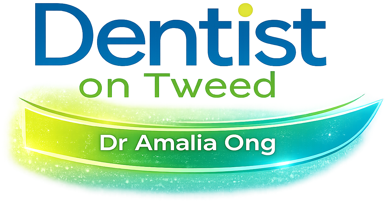 Logo for Dentist on Tweed featuring Dr. Amalia Ong, with stylized blue and yellow graphics.