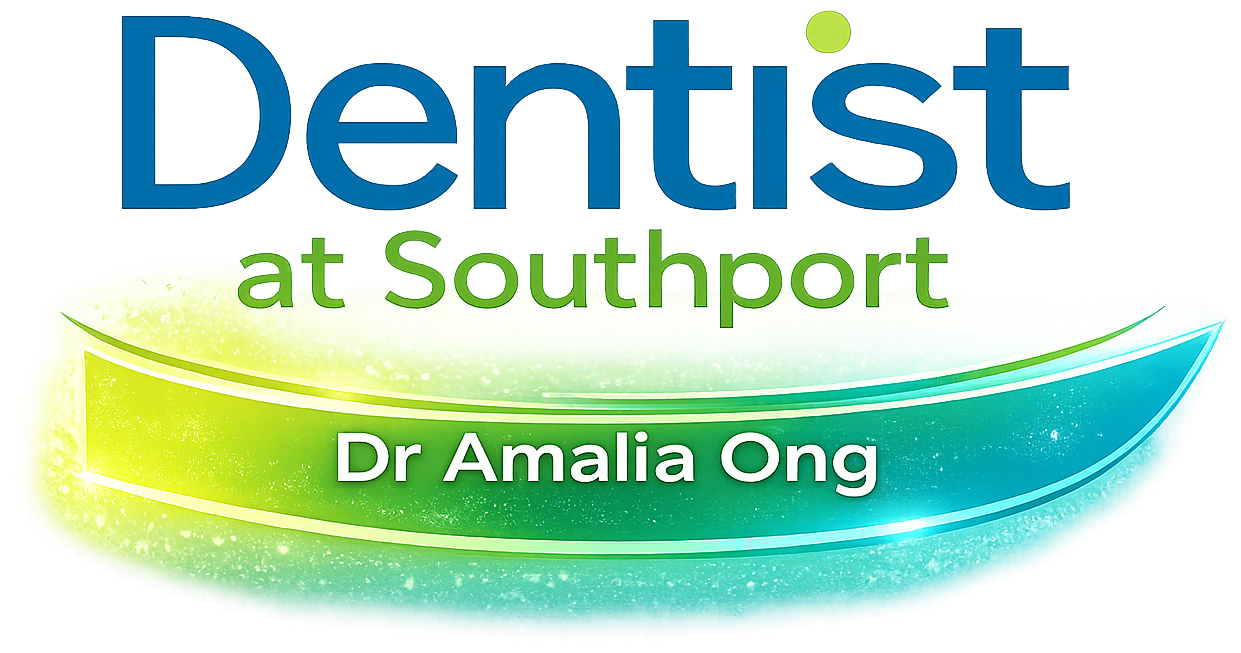 Logo for Dentist at Southport featuring the text and the name Dr Amalia Ong over a green to blue gradient wave graphic.