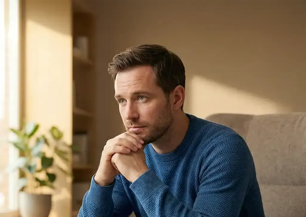 Contemplative man sitting in an armchair reflecting on the need for therapy and men's mental health.