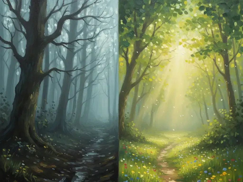 Split forest path: dark muddy trail of rumination vs. sunny floral path of cognitive reframing.