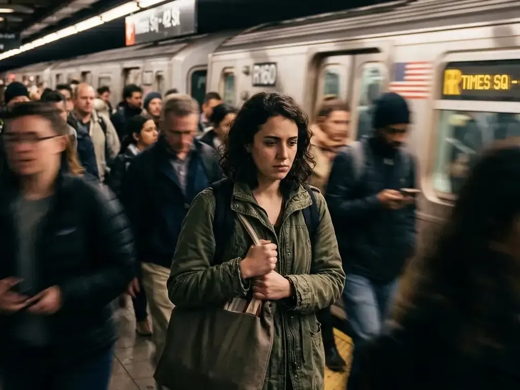 Woman experiencing anxiety and overwhelm stands still in a crowded, fast-moving NYC subway.