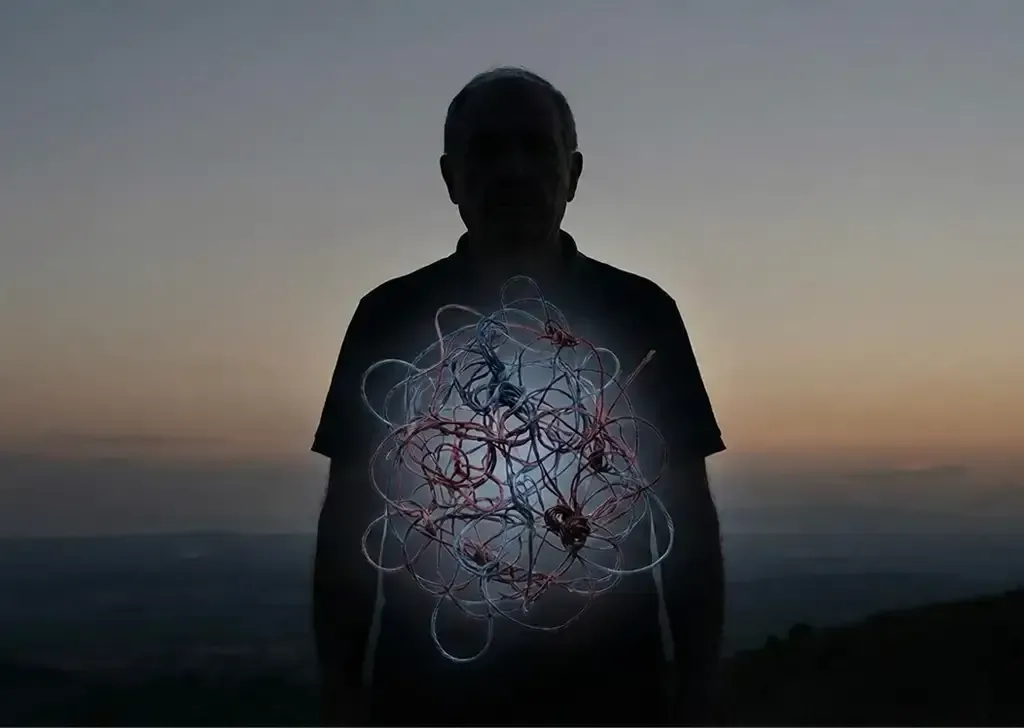 Silhouette of a person with internal tangled lines representing the internal wound of trauma.