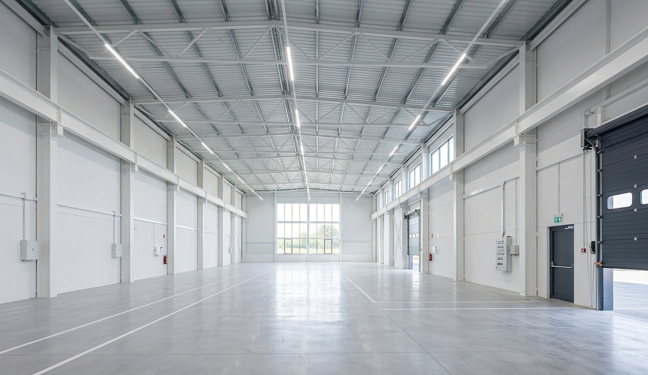 Empty white warehouse interior with high ceiling, polished floor, and large doorway at the far end