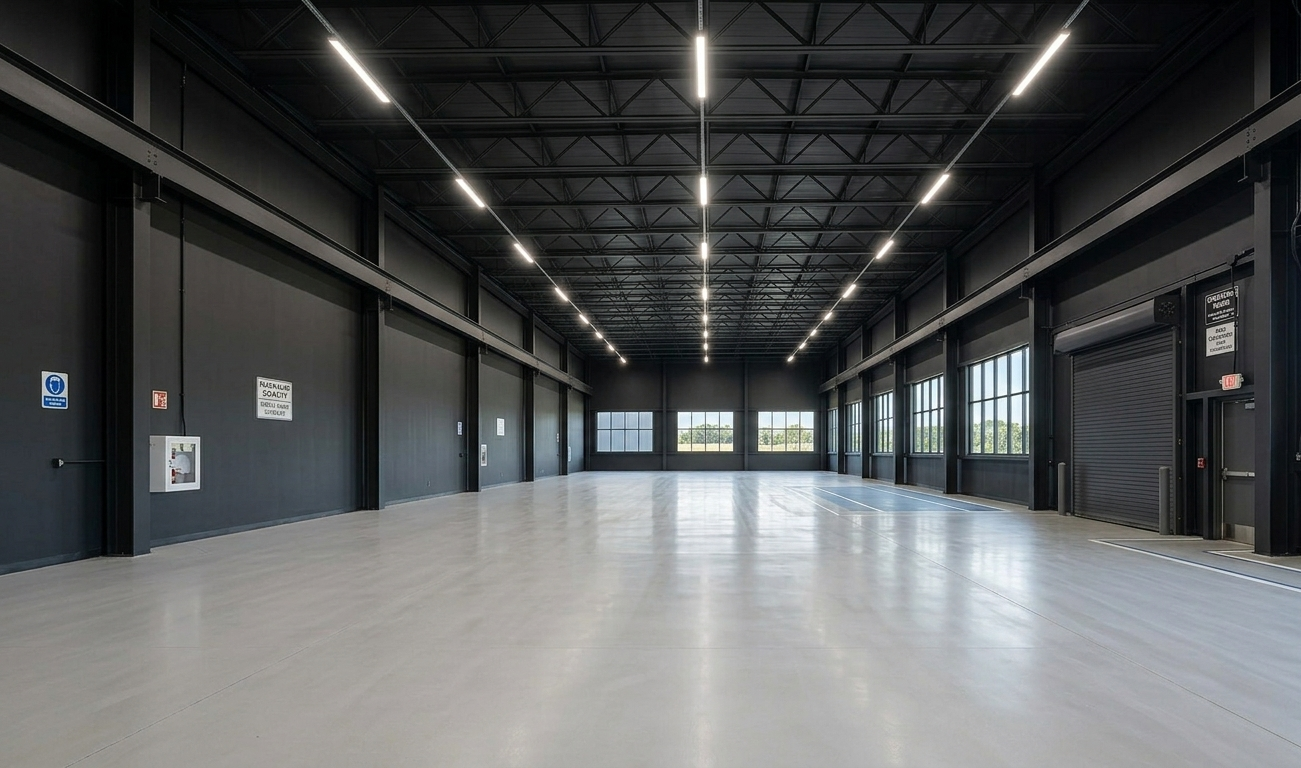 Empty modern warehouse interior with high black ceiling, large windows, and polished concrete floor