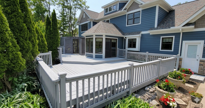Blue house with white deck railing and patio, surrounded by trees and garden beds.